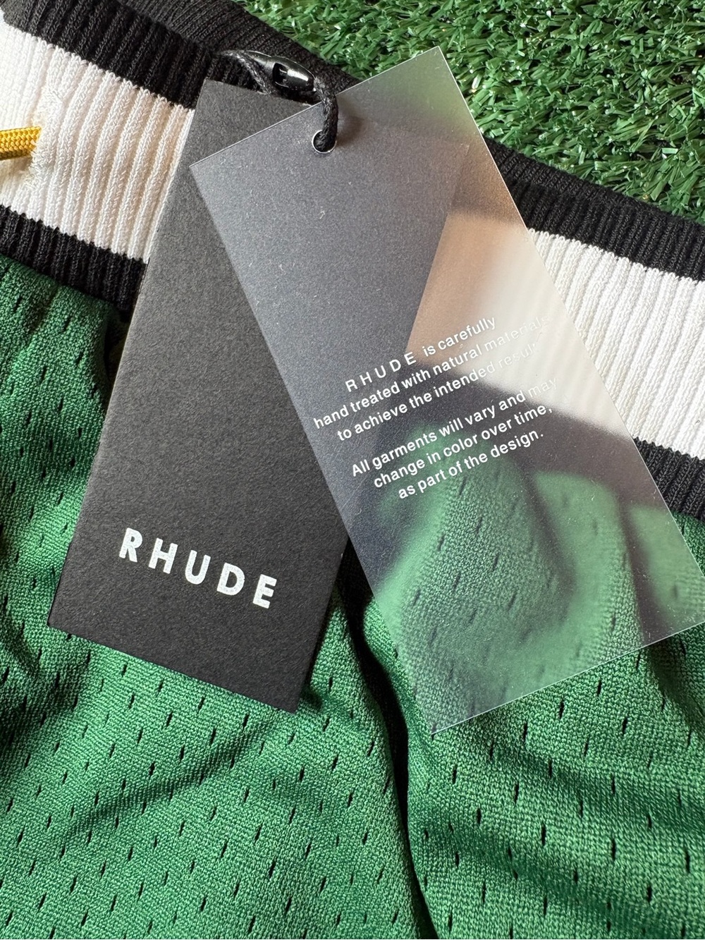 Rhude Green Mesh Athletic Shorts with Yellow Drawcord - Picture 2 of 7